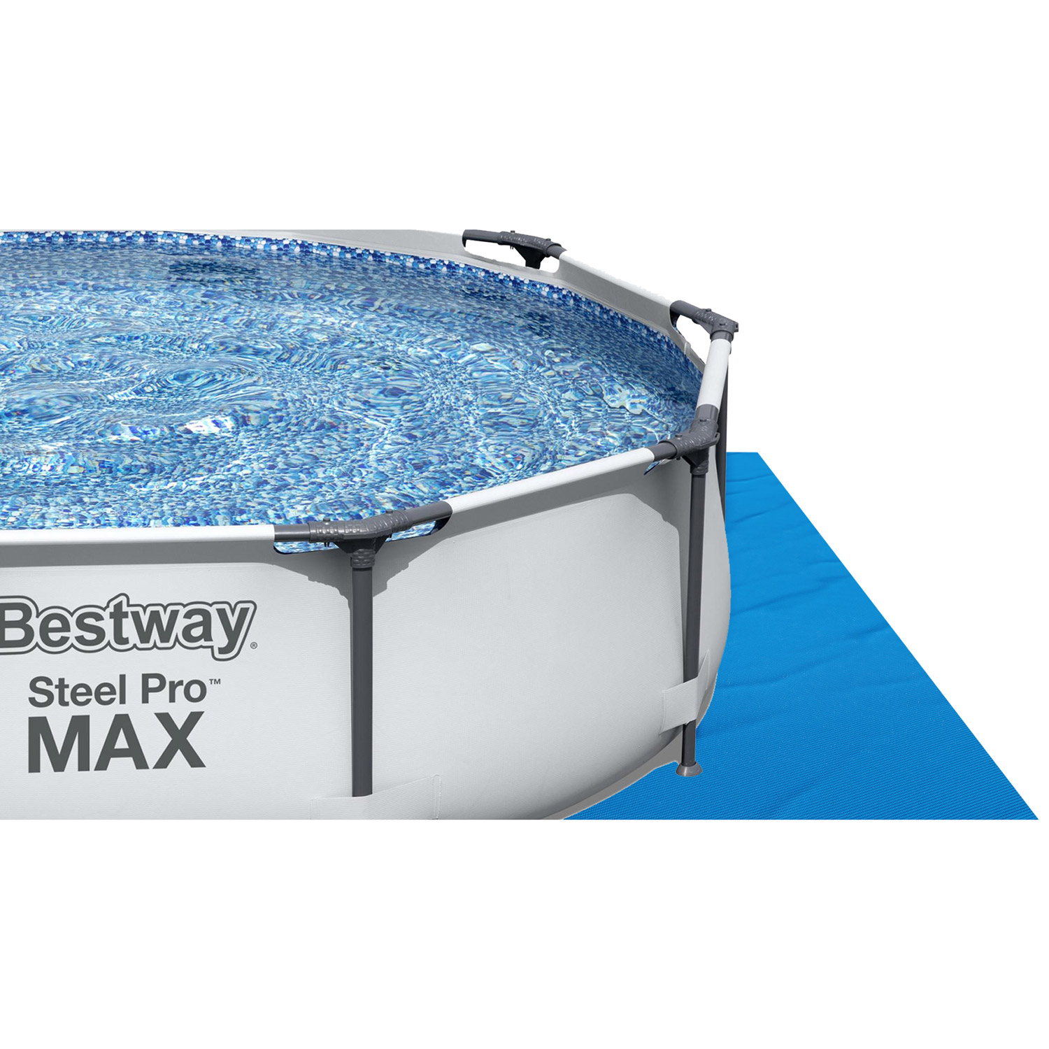 Basen naziemny z niebieską wodą, białymi bokami i ciemnoszarymi podporami. Niebieska mata poniżej.