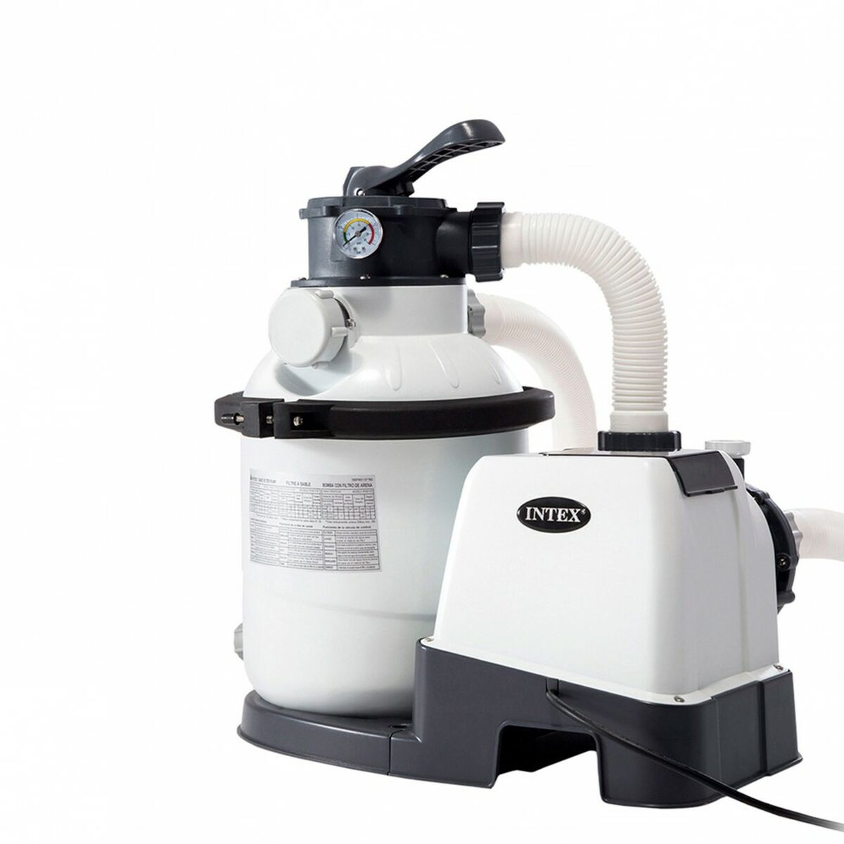 Biało-czarna pompa filtra basenowego. Ma biały zbiornik i czarną podstawę z logo INTEX.