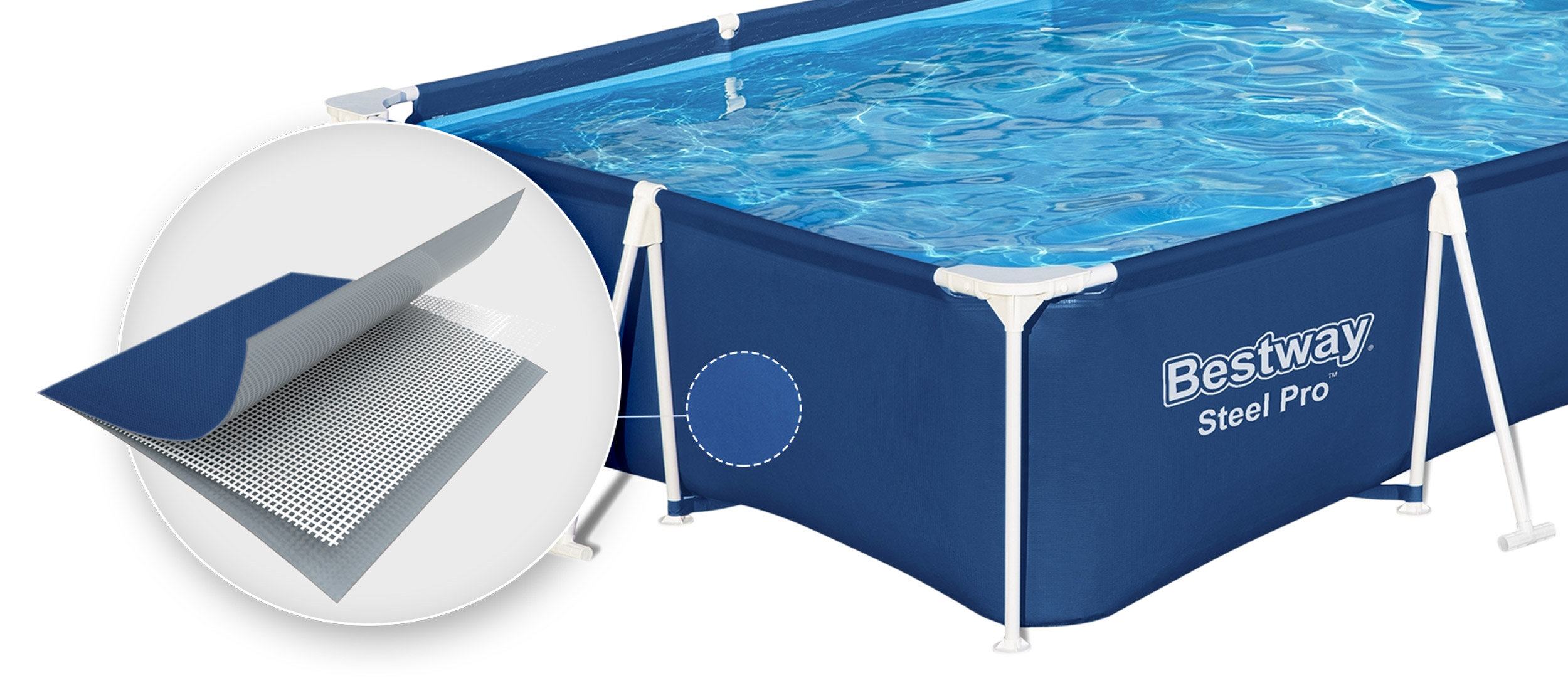 Pokazano warstwy ściany basenu. Logo Bestway jest widoczne na ścianie basenu. Zbliżenie na konstrukcję basenu.