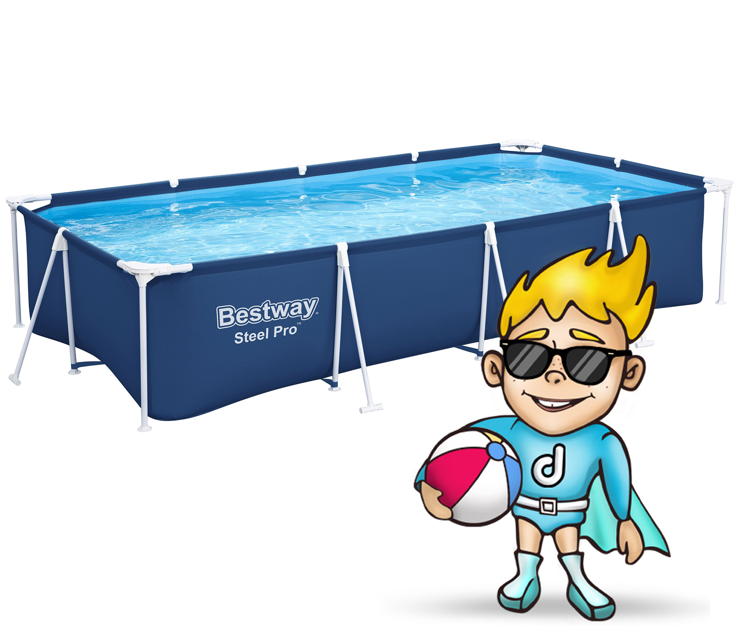 Kreskówkowy bohater w okularach przeciwsłonecznych i piłką plażową stoi obok prostokątnego basenu Bestway.