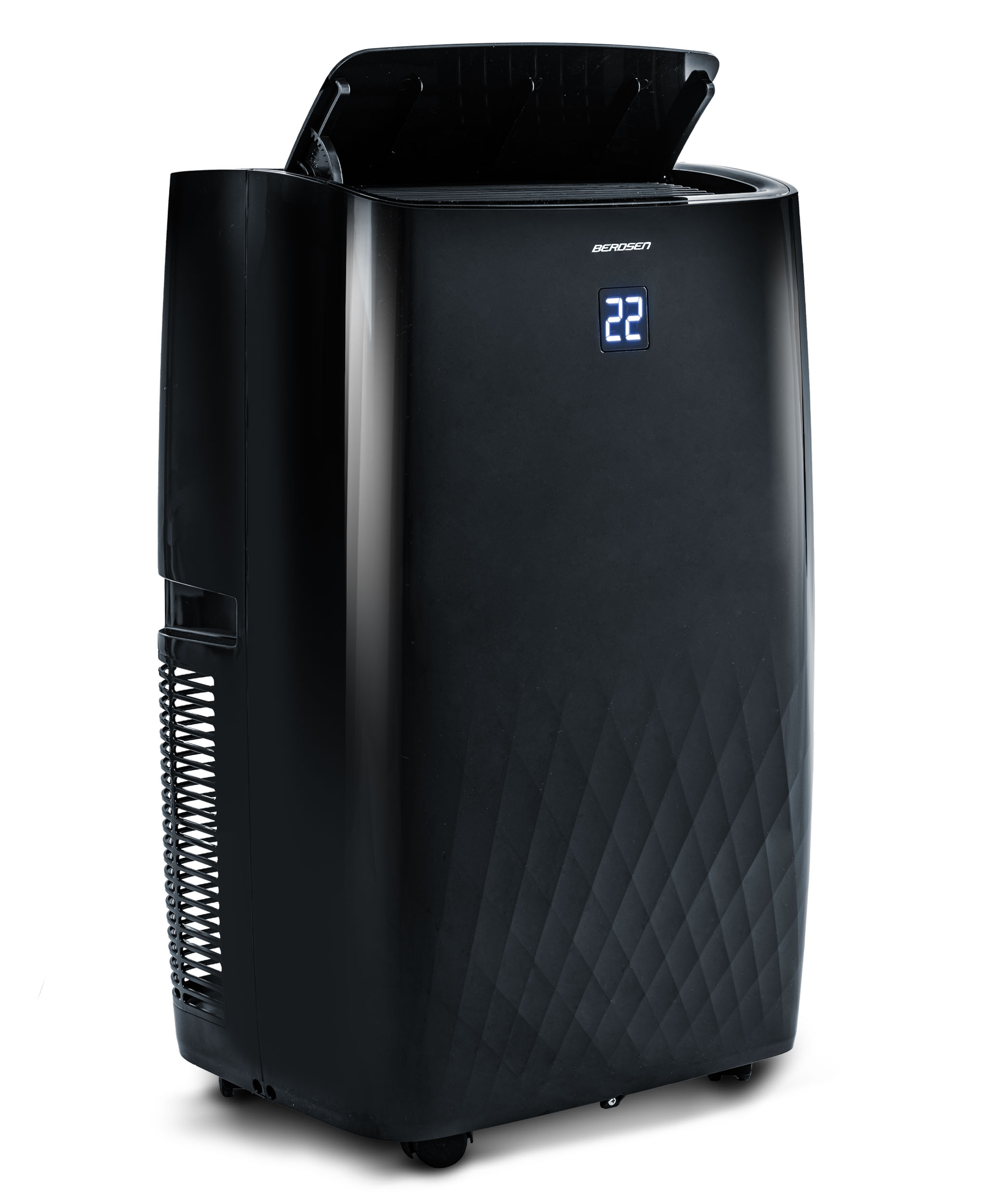 Czarny klimatyzator z wyświetlaczem "22". Nowoczesny design, na kółkach.