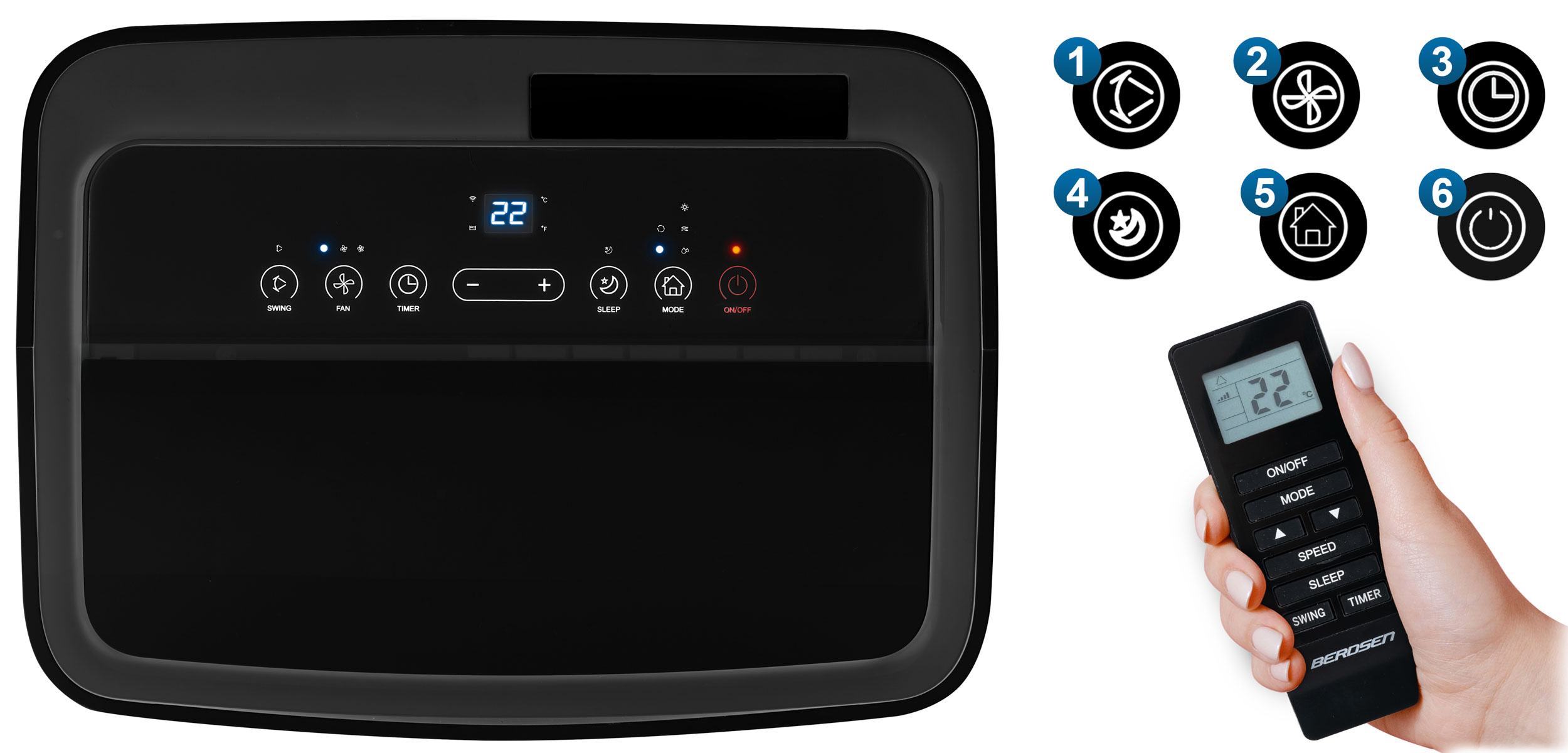 Czarny klimatyzator z pilotem. Panel sterowania ma symbole i liczby. Białe tło.