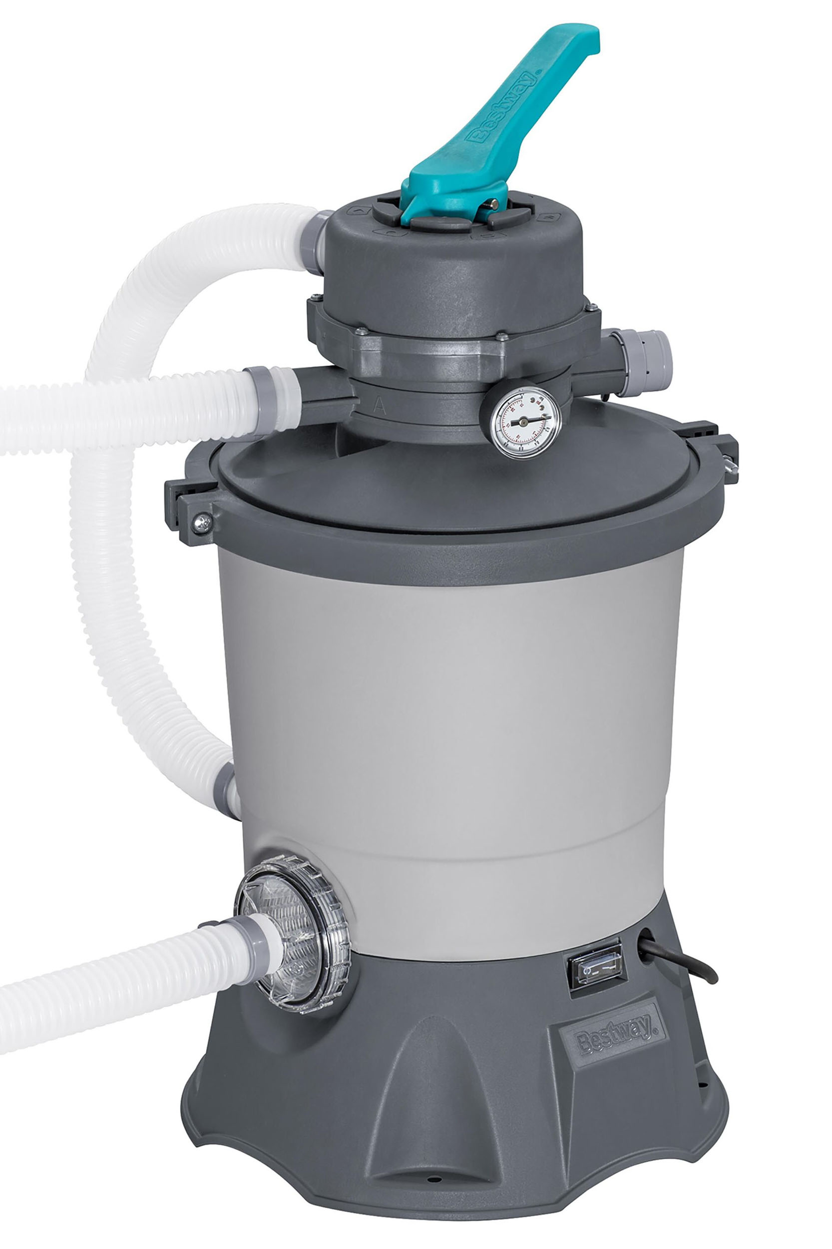 System filtracji basenu. Szary filtr z białymi wężami i zielonym uchwytem u góry. Białe tło.