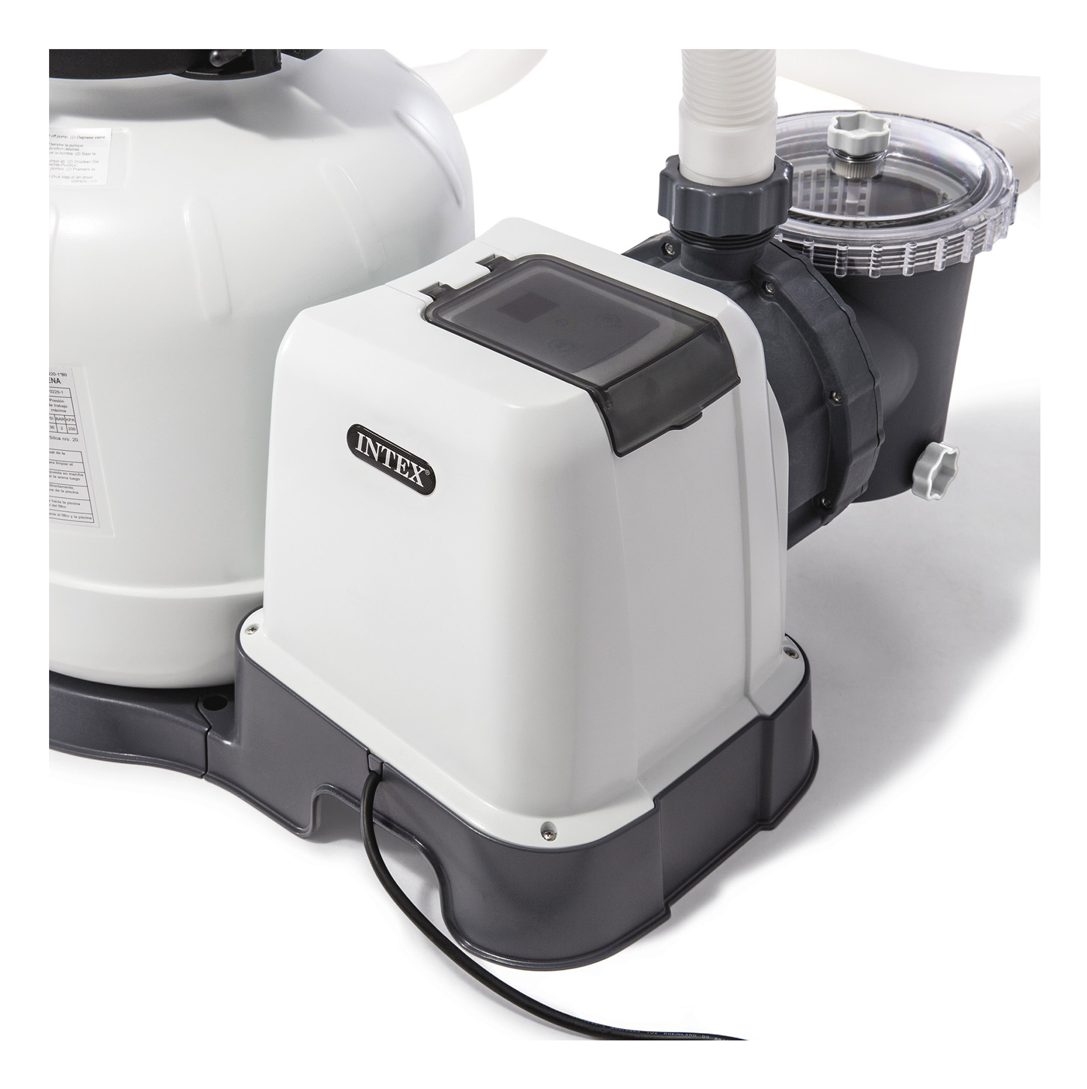 Biała i szara pompa basenowa. Marka Intex z boku. Dołączony czarny kabel.