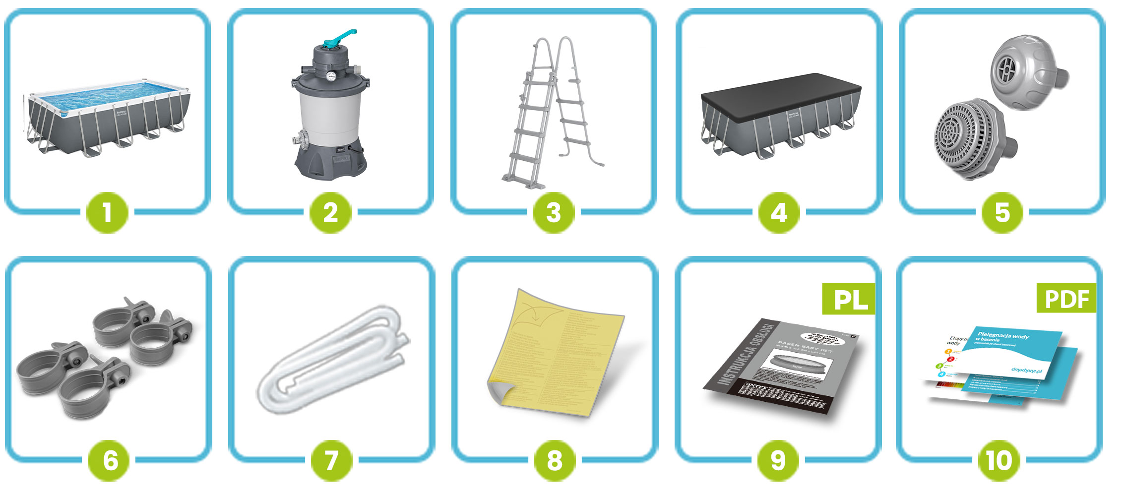 Ilustrowany schemat akcesoriów do basenu Bestway, w tym basenu, filtra, drabiny, osłony i środków czyszczących.