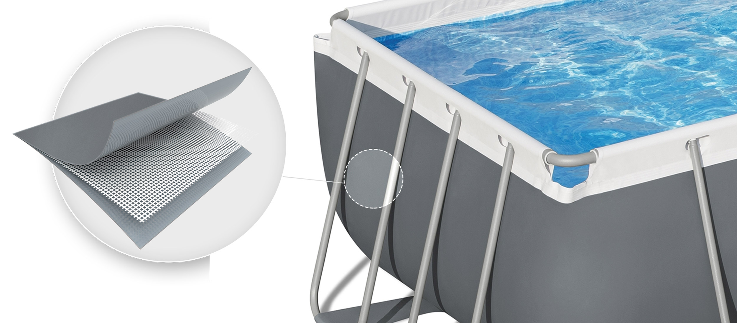 Zbliżenie materiału wykładziny basenu i krawędzi basenu. Szczegółowy widok pokazujący jego konstrukcję i warstwy.