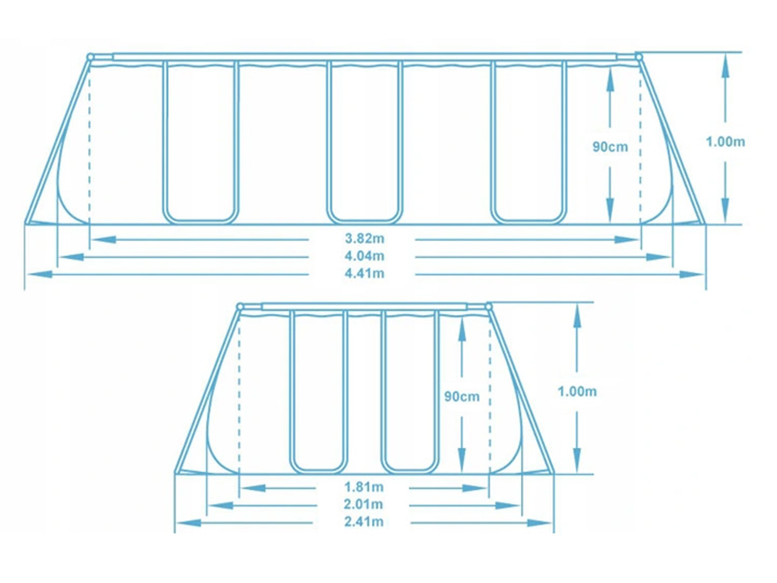 Diagram dwóch prostokątnych basenów z wymiarami. Górny basen jest większy, z oznaczonymi wymiarami. Dolny basen jest mniejszy.