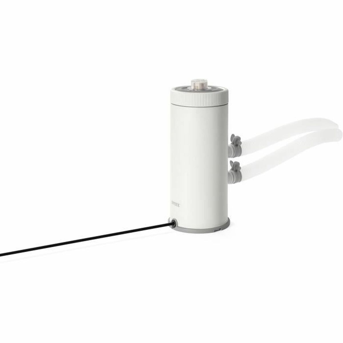 Białe urządzenie cylindryczne z czarnym kablem i dwoma bocznymi wylotami. Marka to INTEXT.