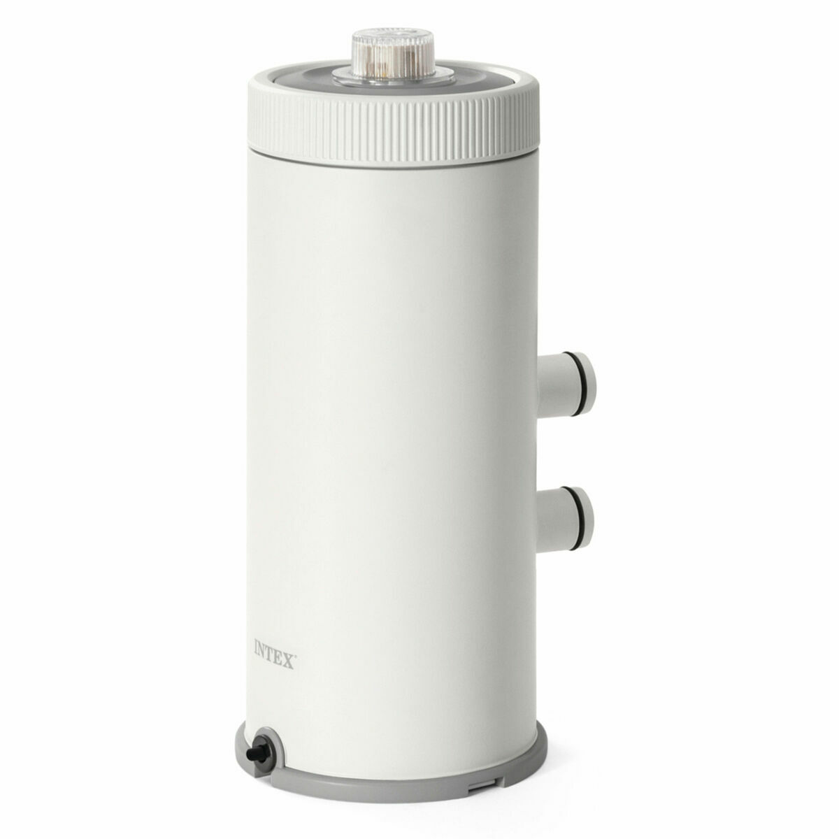 Białe urządzenie cylindryczne z dwoma bocznymi wylotami. Na górze przezroczysta nasadka. Marka to INTEXT.