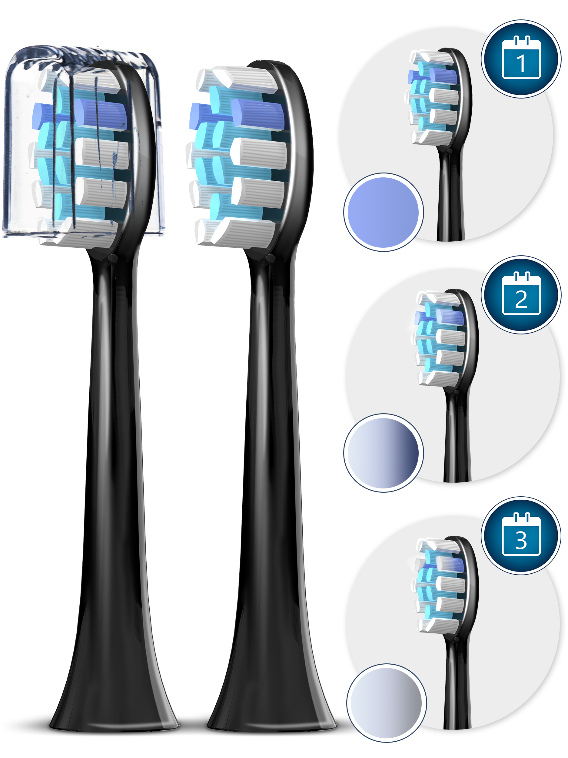 Dwie czarne główki szczoteczki do zębów z różnymi kolorami włosia. Pomoc wizualna informuje o wymianie główek.