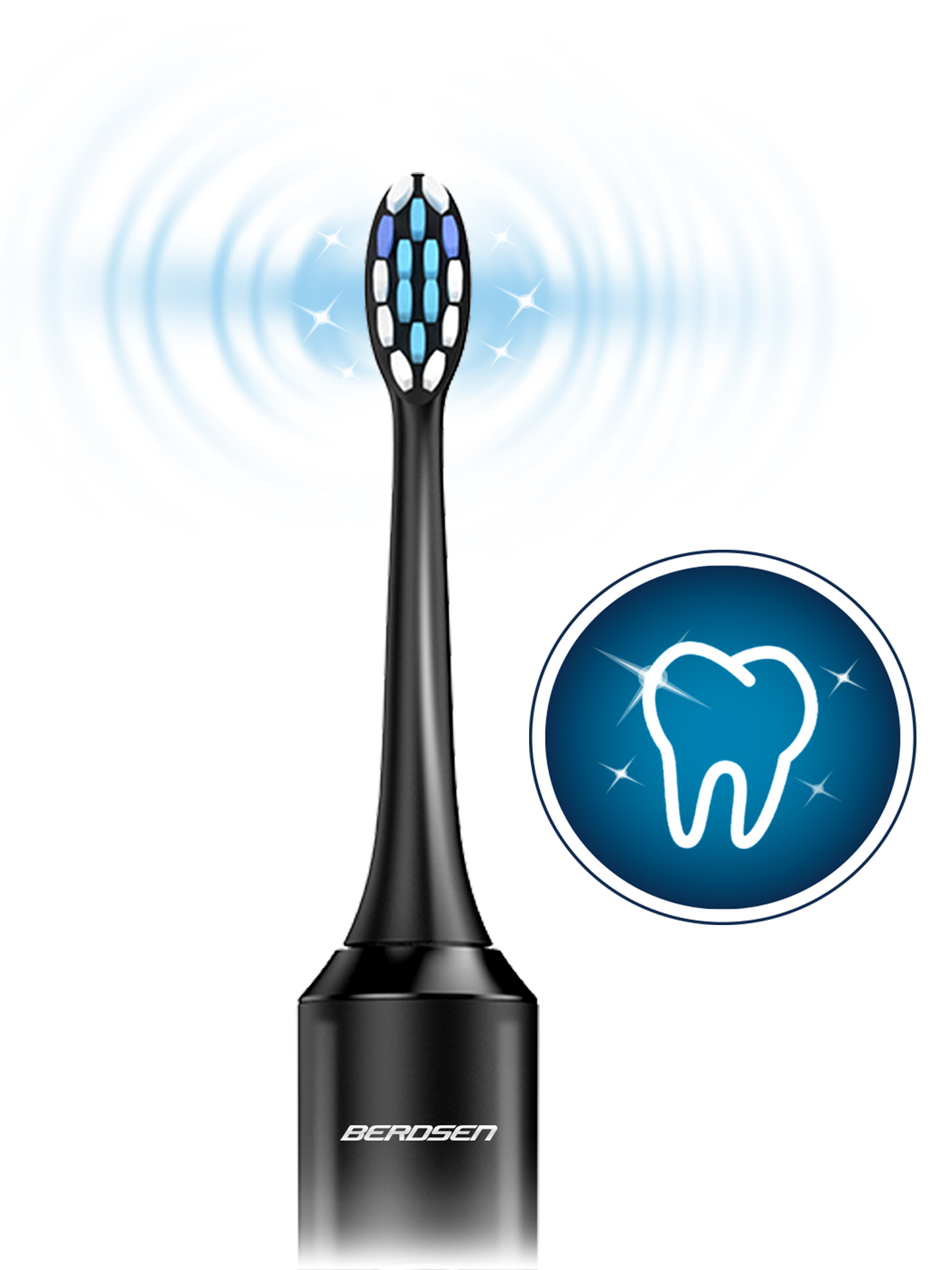 Zbliżenie główki szczoteczki elektrycznej z niebieskim i białym włosiem oraz ikoną zęba.