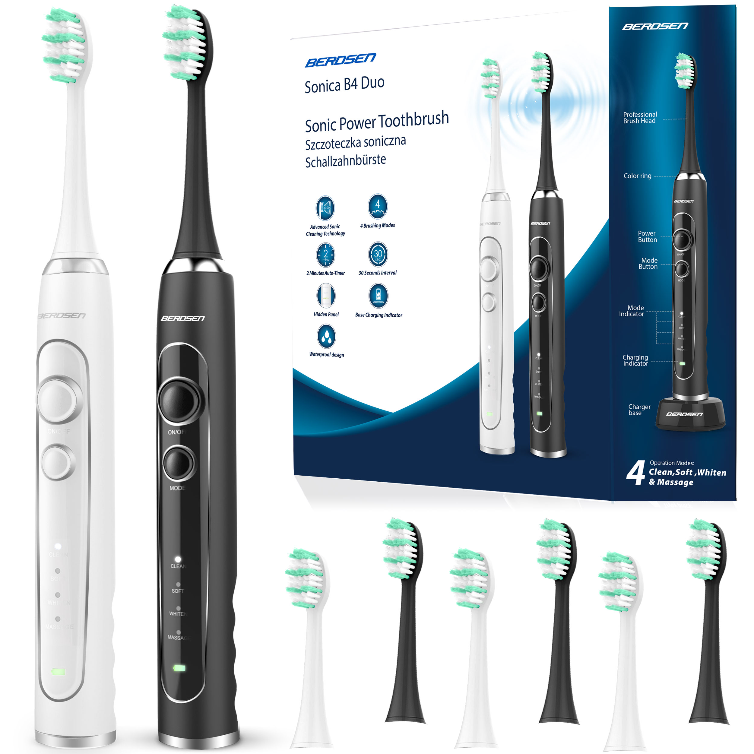 Dwie elektryczne szczoteczki do zębów i dodatkowe głowice. Opakowanie opisuje funkcje i tryby.