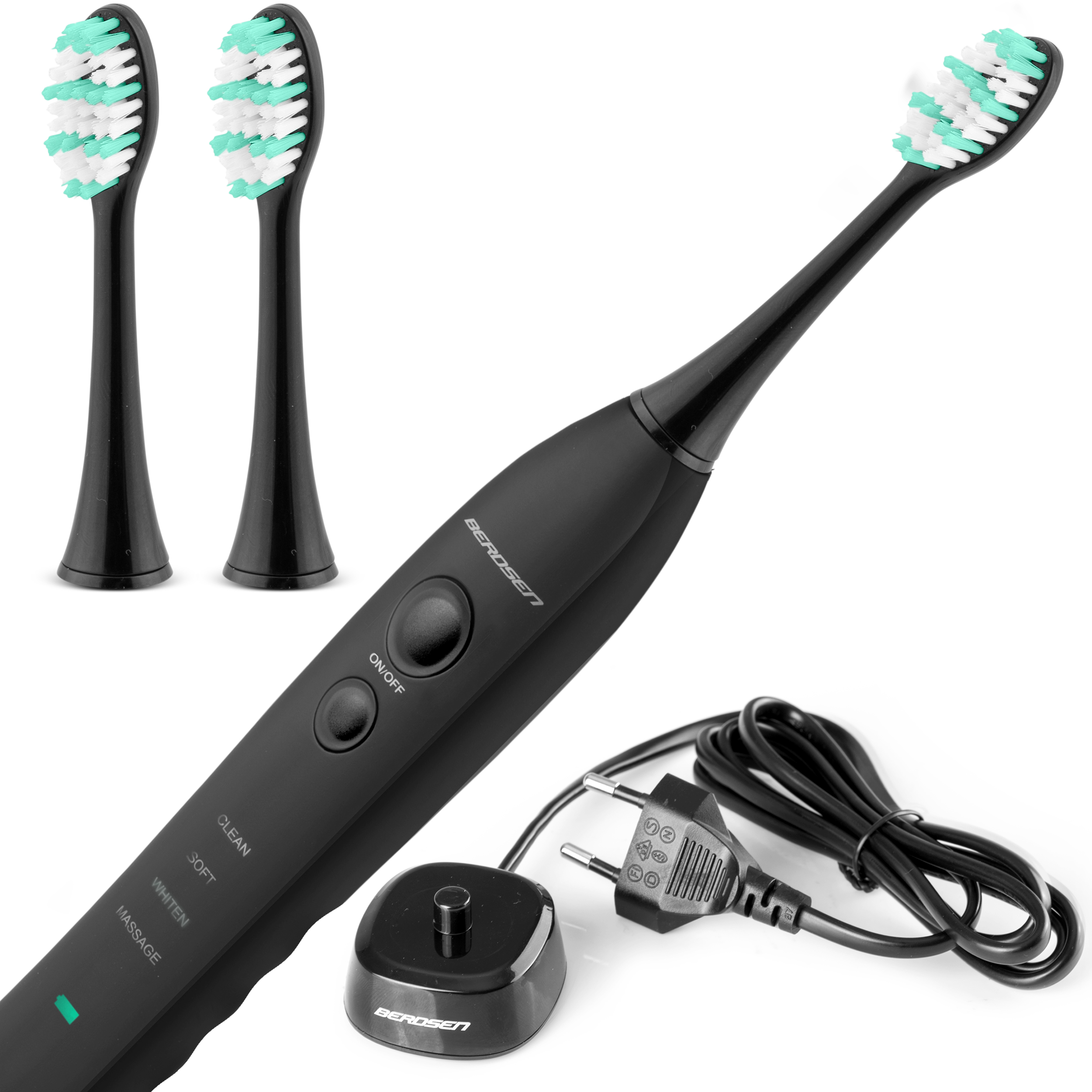 Czarna elektryczna szczoteczka do zębów z zapasowymi główkami, bazą ładującą i wtyczką, wskazująca różne tryby.