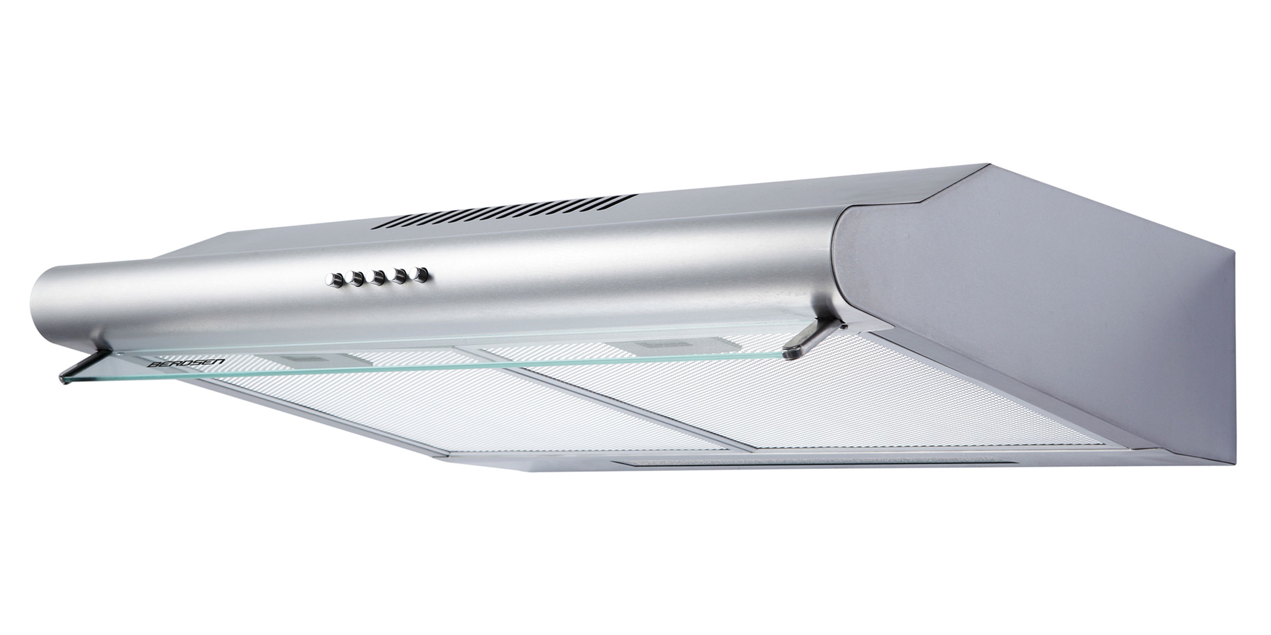 Srebrny okap z przyciskami sterowania, szklanym panelem i filtrem siatkowym.