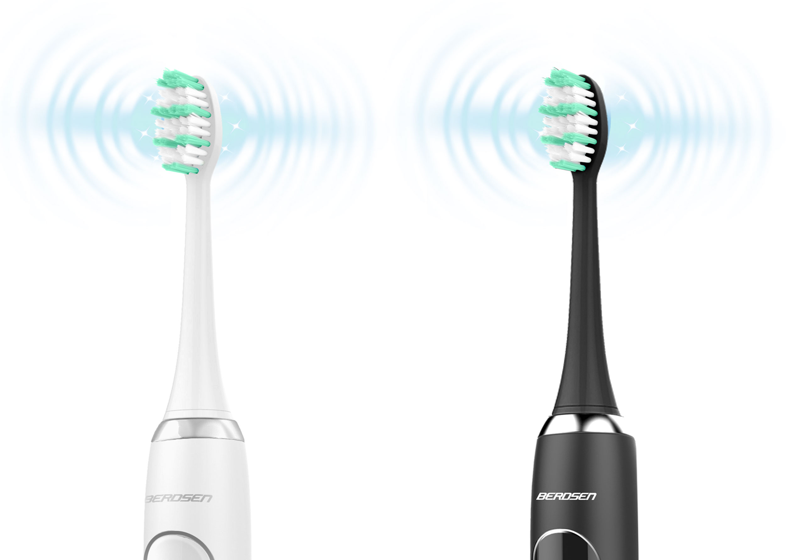 Dwie elektryczne szczoteczki do zębów, jedna biała i jedna czarna, z zielonym i niebieskim włosiem, emitują niebieską energię falową.