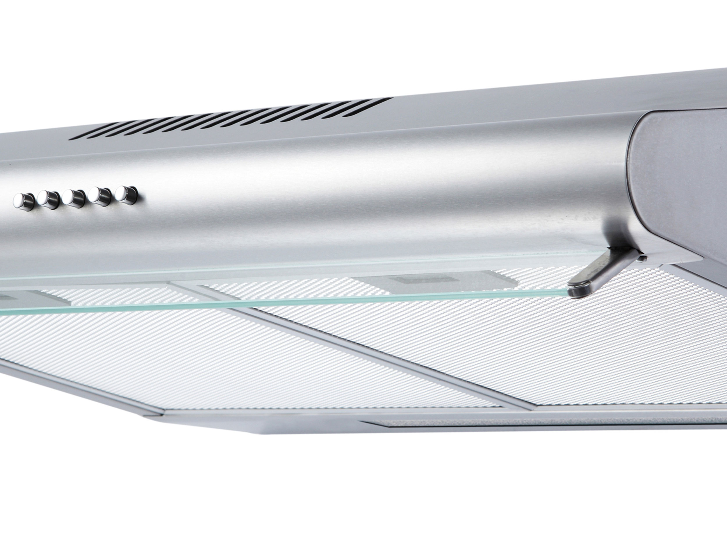 Zbliżenie srebrnego okapu z przyciskami, szkłem i filtrem siatkowym.