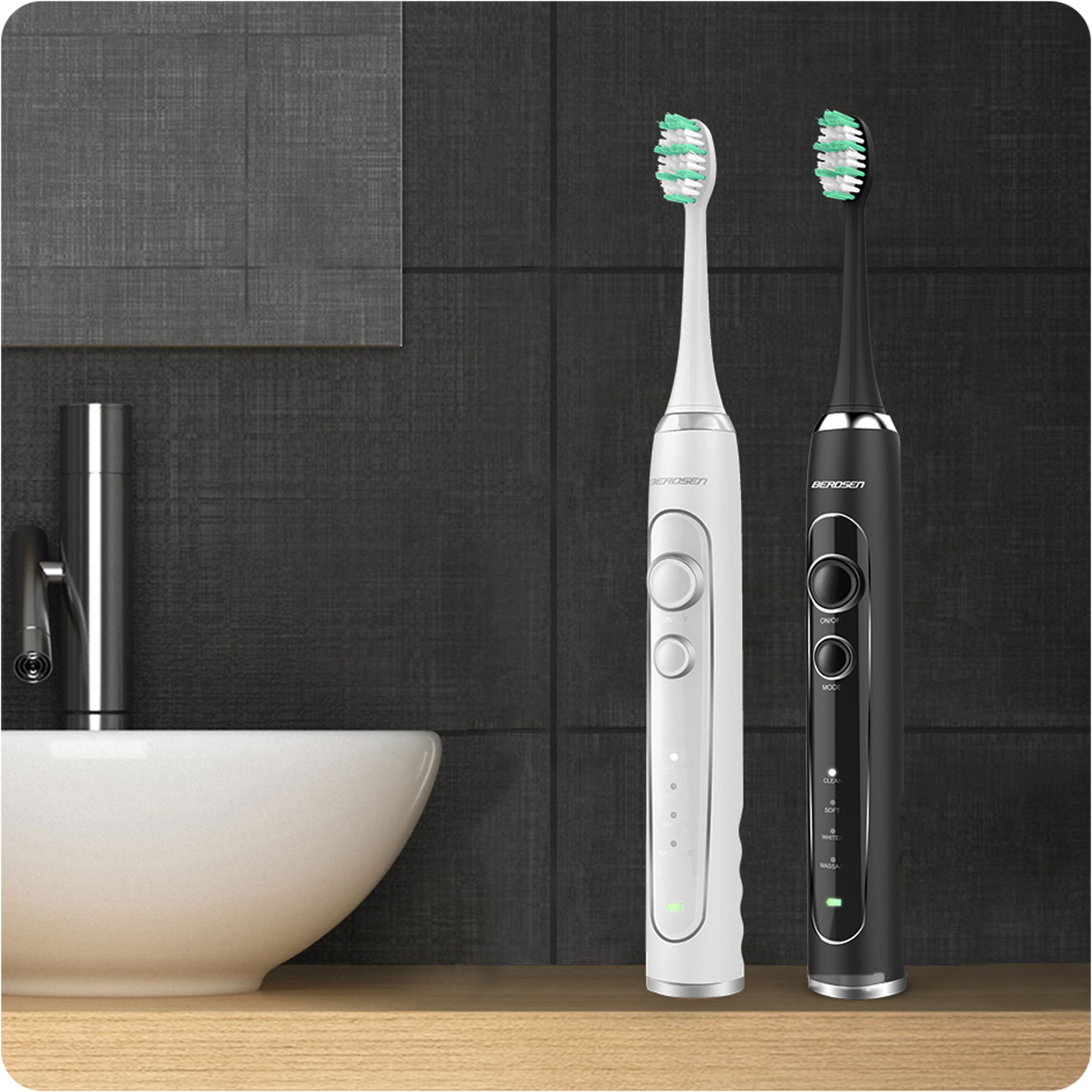 Dwie elektryczne szczoteczki do zębów, biała i czarna, umieszczone na drewnianej półce w łazience.