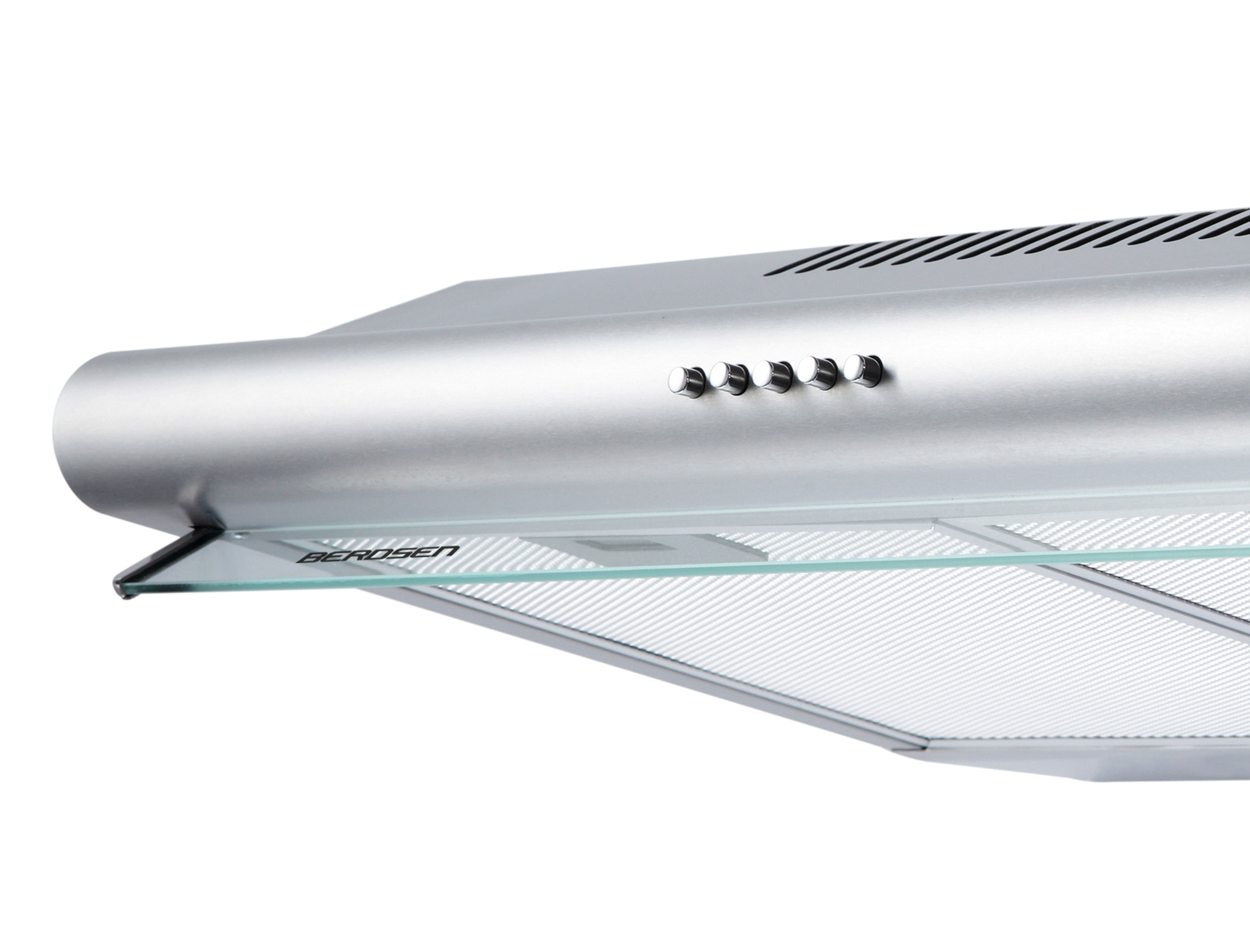 Zbliżenie srebrnego okapu z przyciskami sterowania i szklanym panelem.