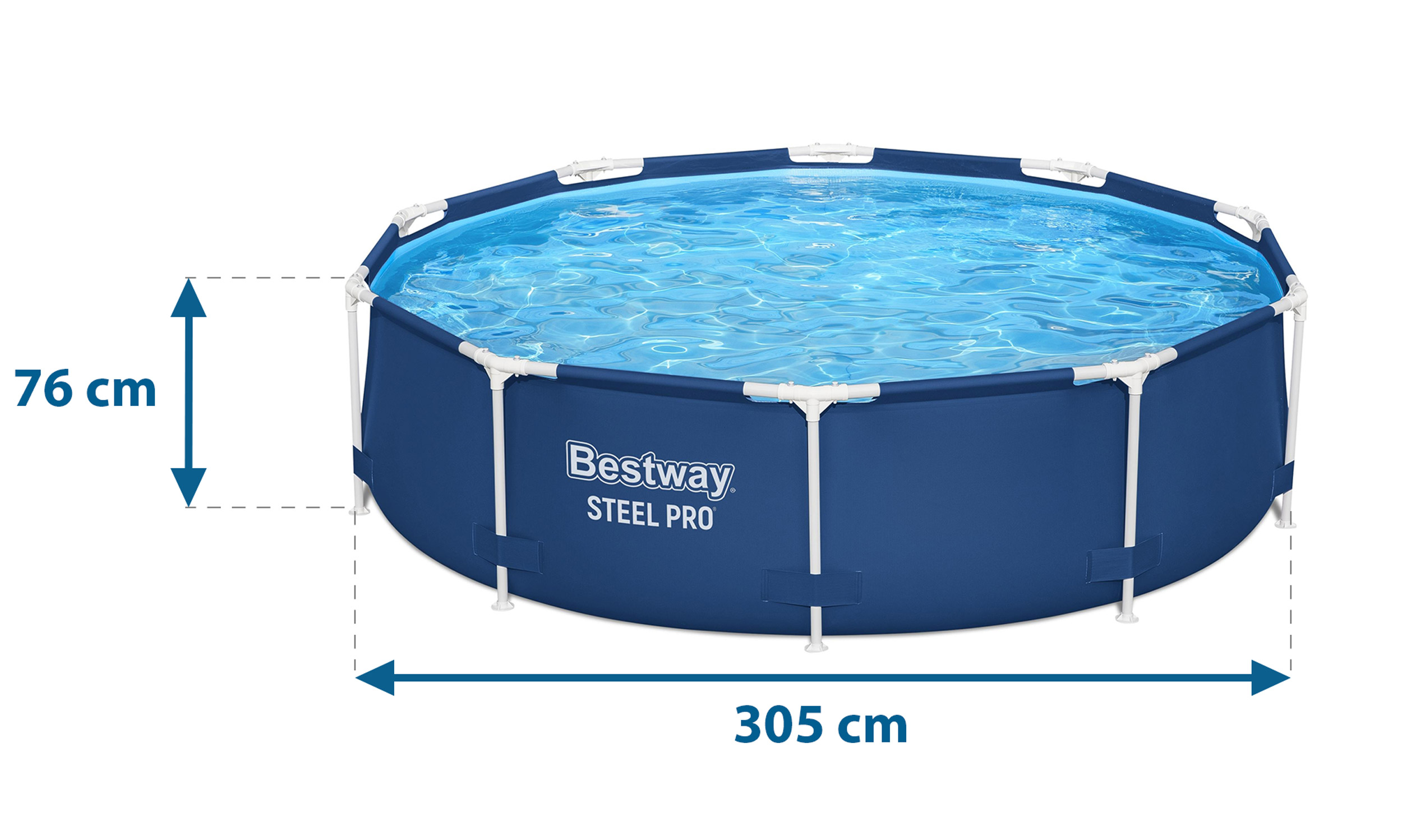Niebieski i biały okrągły basen z wymiarami. Wypełniony wodą, widoczne logo Bestway Steel Pro.
