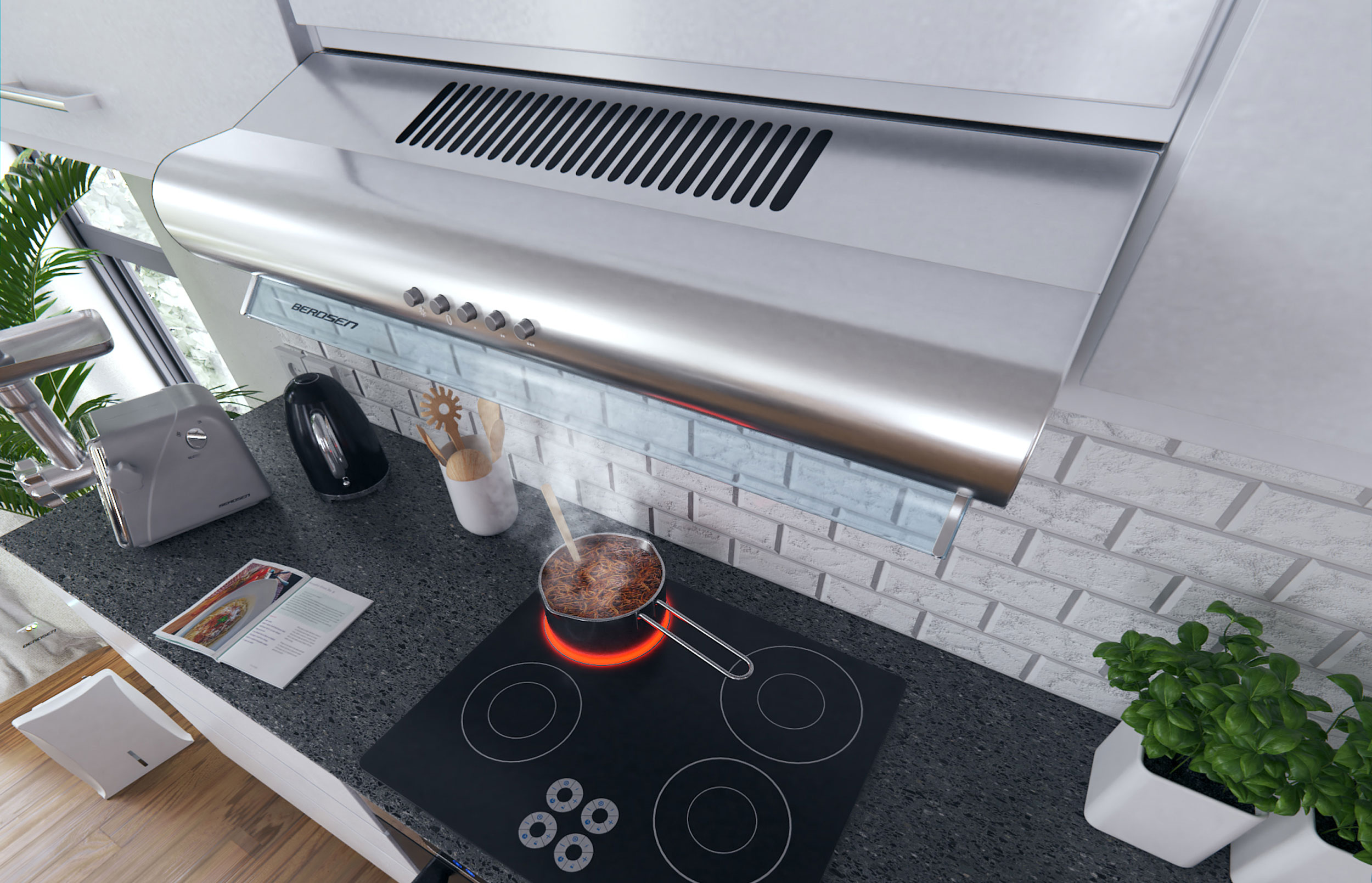 Scena kuchenna z okapem, płytą grzewczą z garnkiem i ekspresem do kawy. W tle okno.