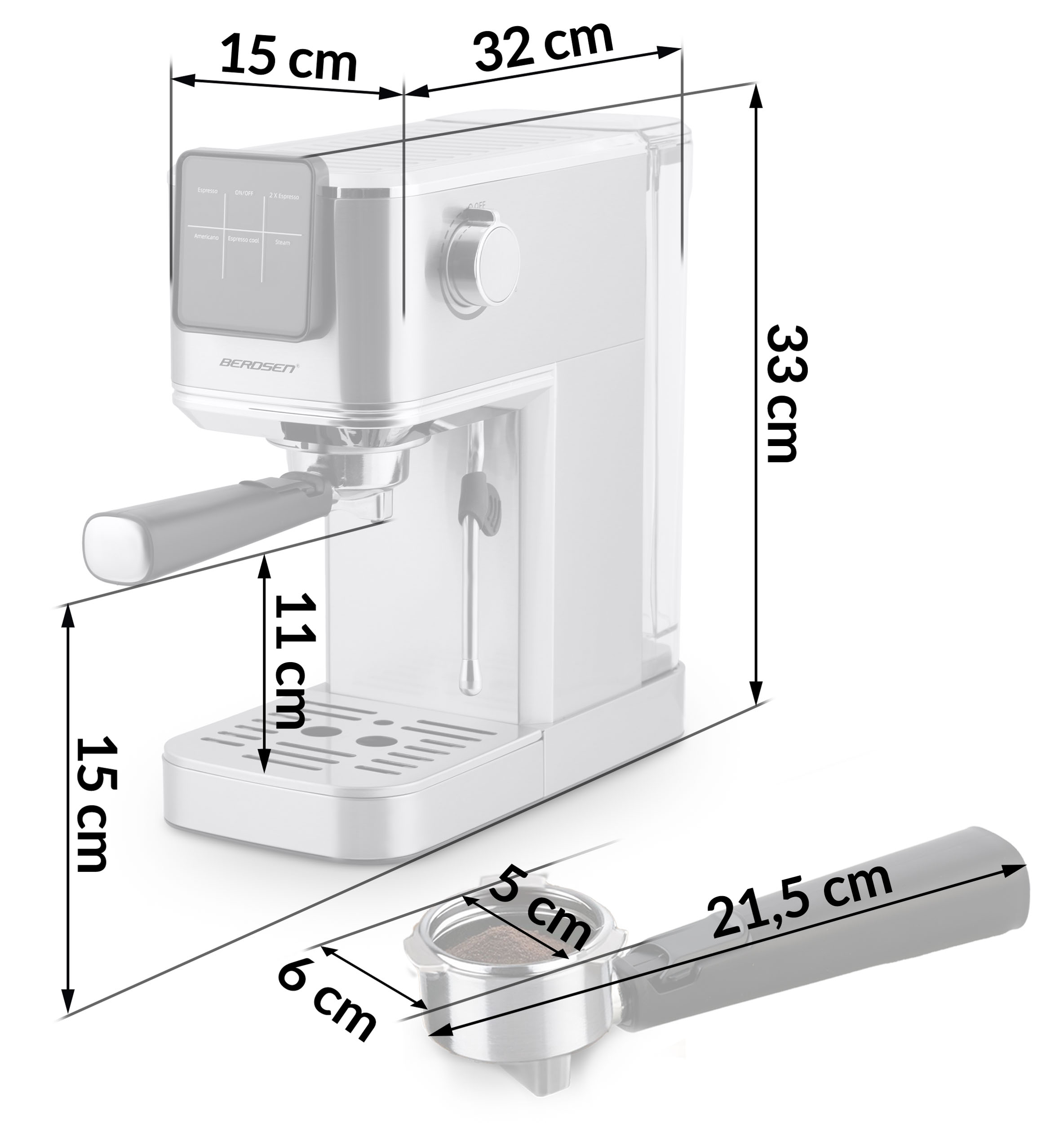 Ekspres do kawy z wymiarami. Widoczny kolba. Schemat kolorów czarno-biały.
