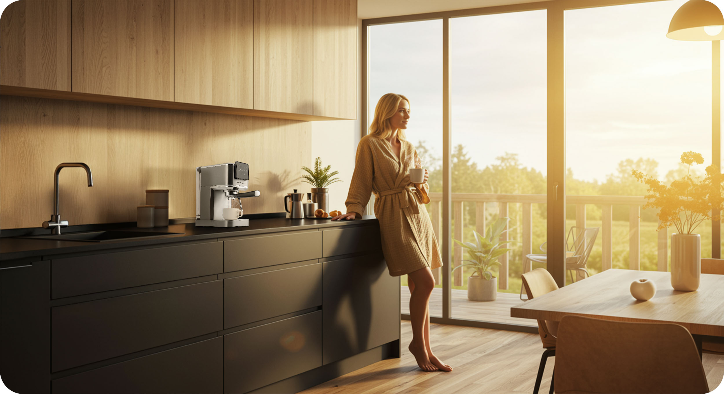Kobieta w szlafroku w kuchni, patrząca przez okno, trzymająca filiżankę. Widoczny ekspres do kawy.