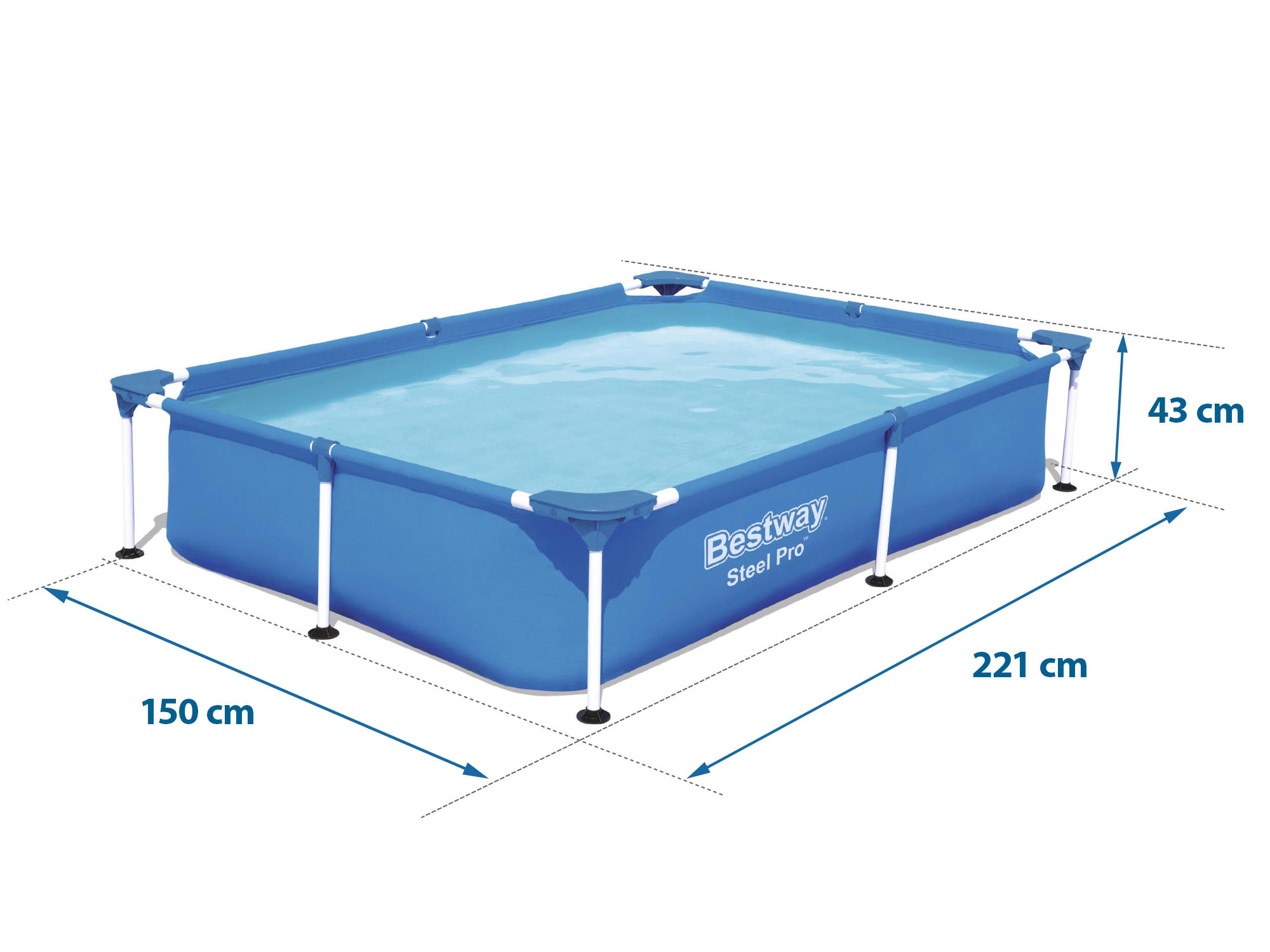 Niebieski prostokątny Basen Bestway Steel Pro Frame. Wymiary są oznaczone. Biała rama i tło.