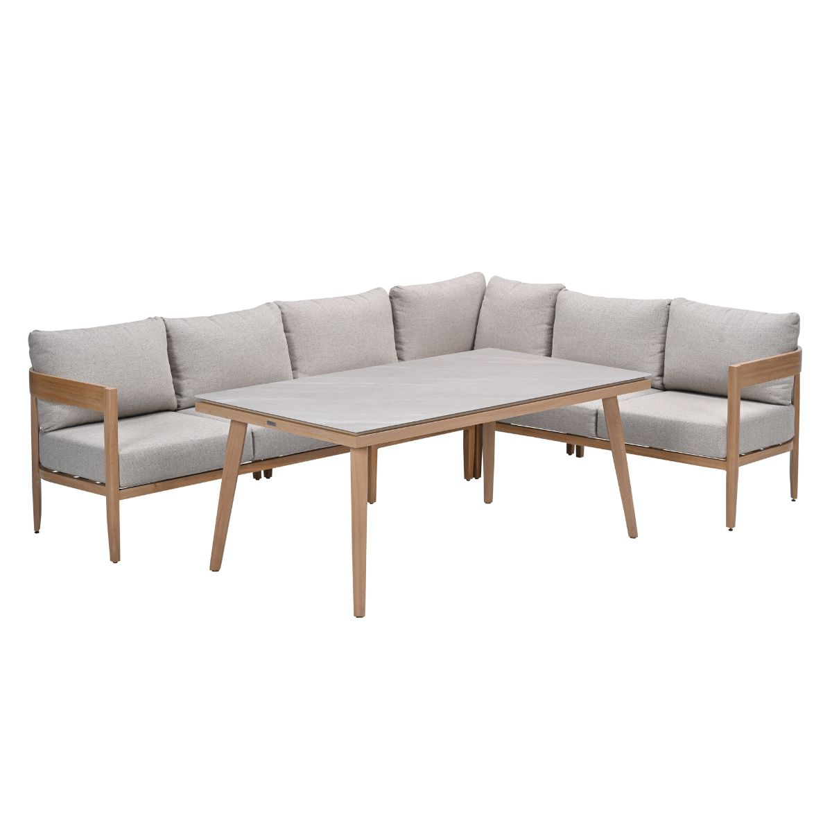 Buitenhoekbank met tafel. Grijze kussens, lichte houten frames.