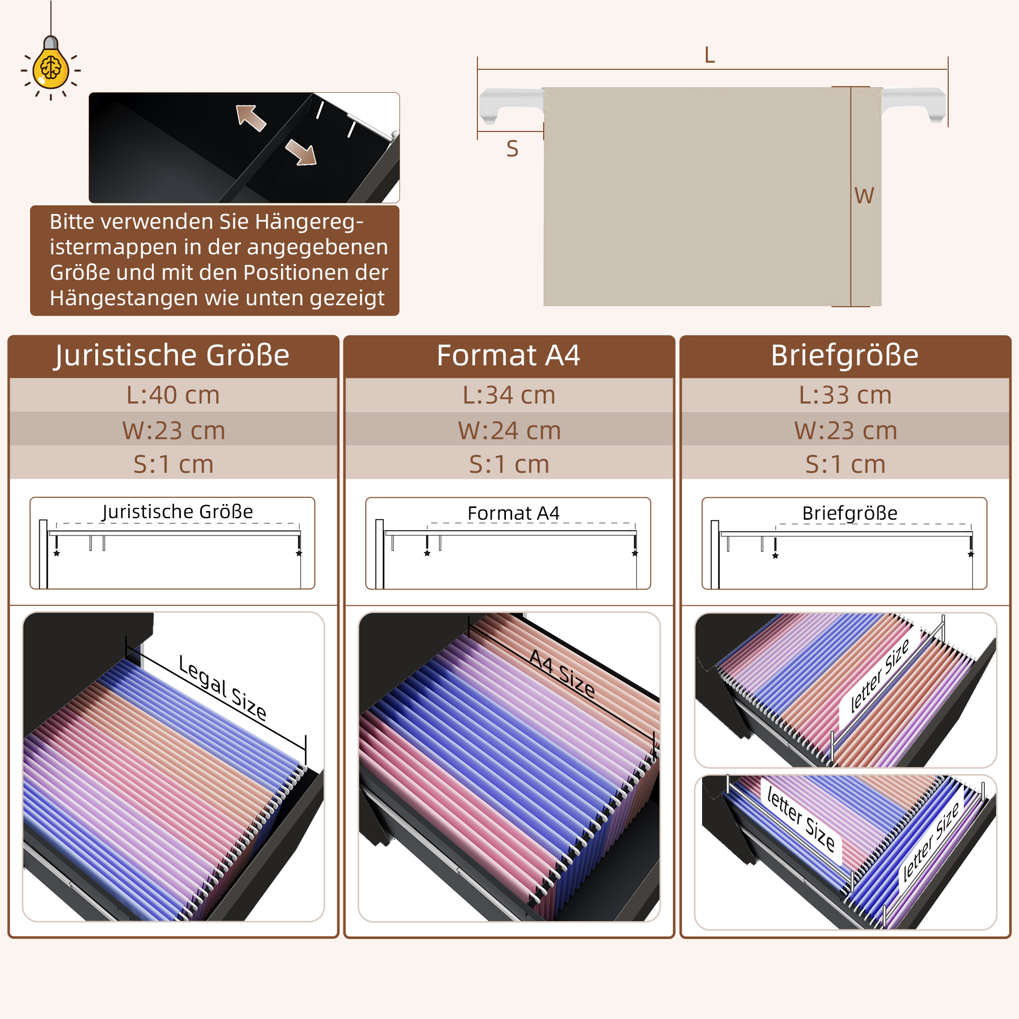 Diagramm mit Dateigrößen und Abmessungen für juristische, A4- und Briefdateien. Draufsicht.