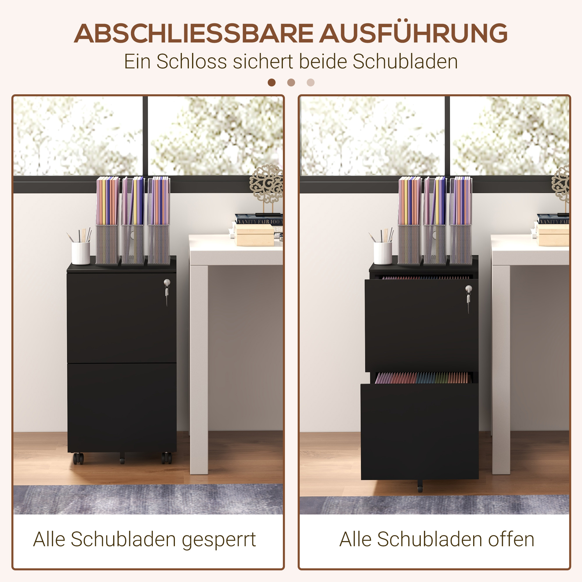Zwei schwarze Aktenschränke, einer offen, einer geschlossen, mit Akten und Fensterhintergrund.
