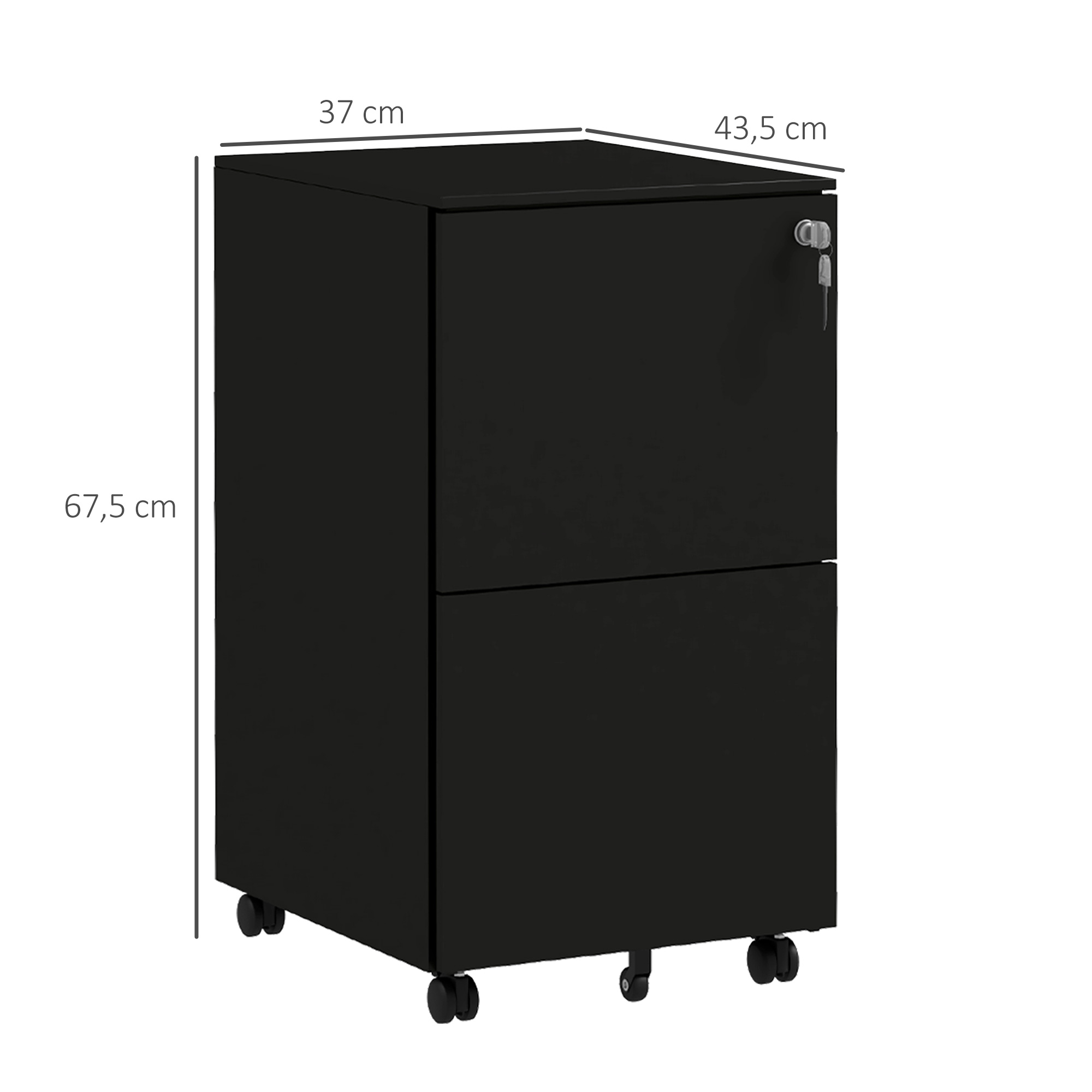 Schwarzer rollender Aktenschrank. Abmessungen: 67,5 cm Höhe, 37 cm Breite und 43,5 cm Tiefe. Weißer Hintergrund.