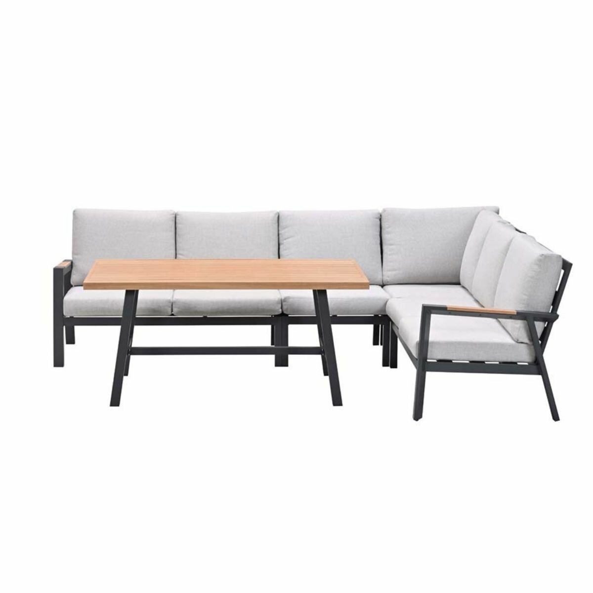 Un canapé sectionnel avec une table en bois, des coussins gris clair et des cadres noirs.