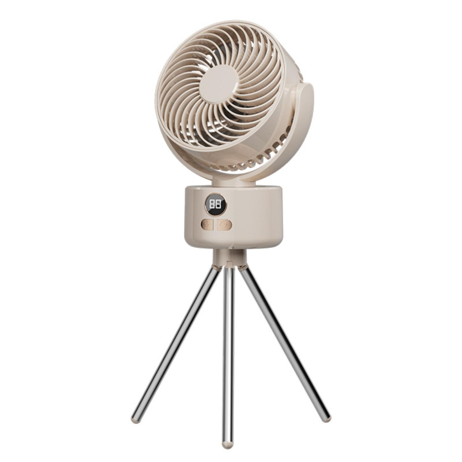 Ein beigefarbener Ventilator auf einem Stativ, mit Digitalanzeige, die die Zahl 88 zeigt.