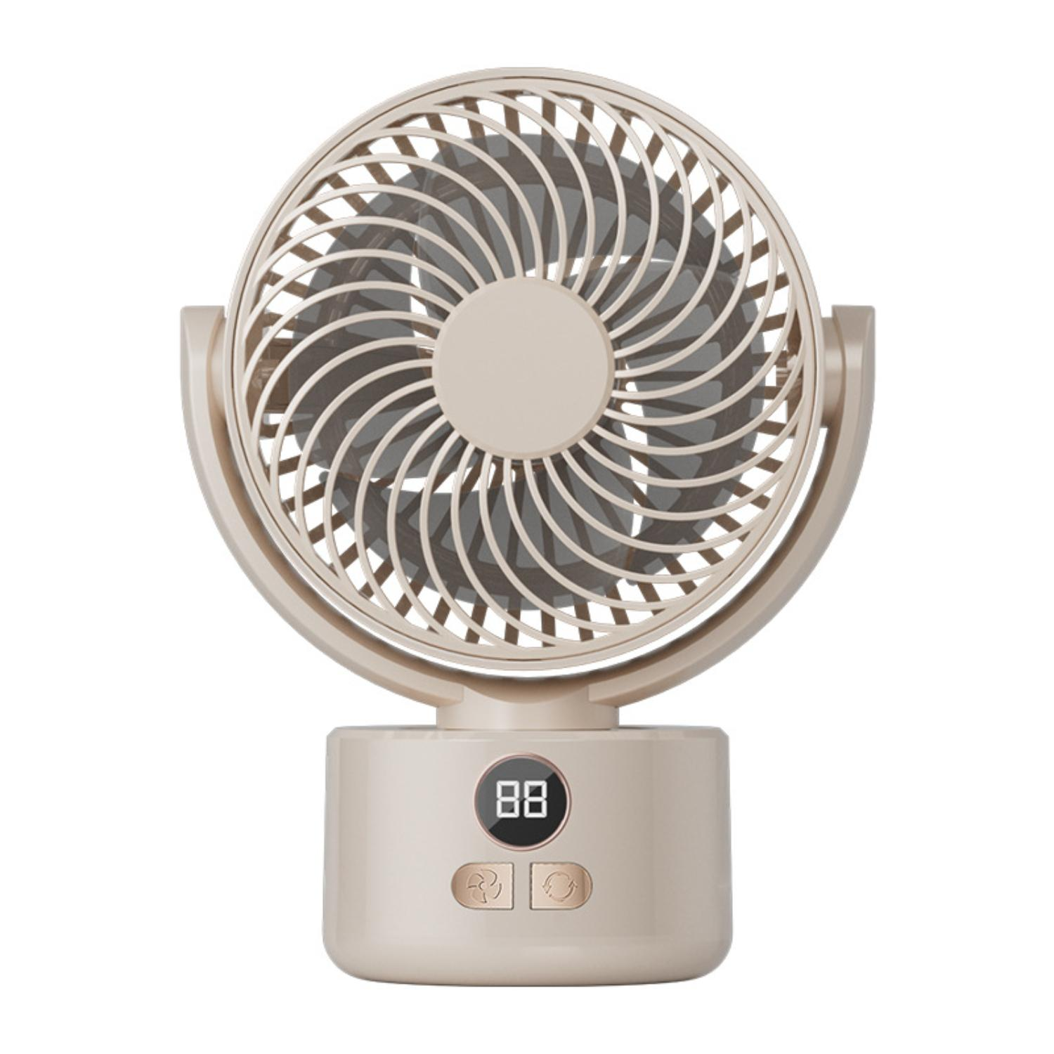 Beiger tragbarer Ventilator mit digitaler Anzeige und Bedienelementen.