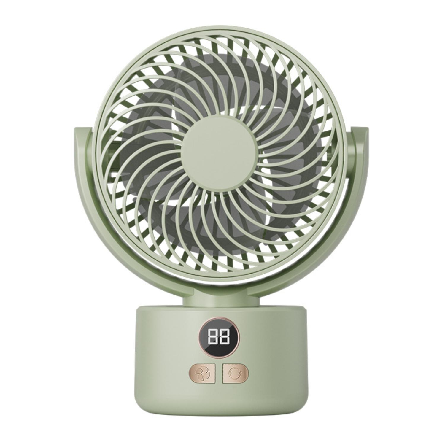 Ein hellgrüner Ventilator mit einer Digitalanzeige, die die Zahl 88 zeigt.