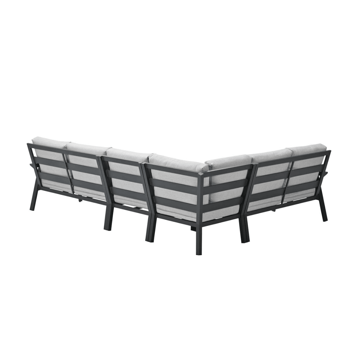 Canapé d'angle extérieur, coussins gris clair et cadres en métal noir, vue arrière.