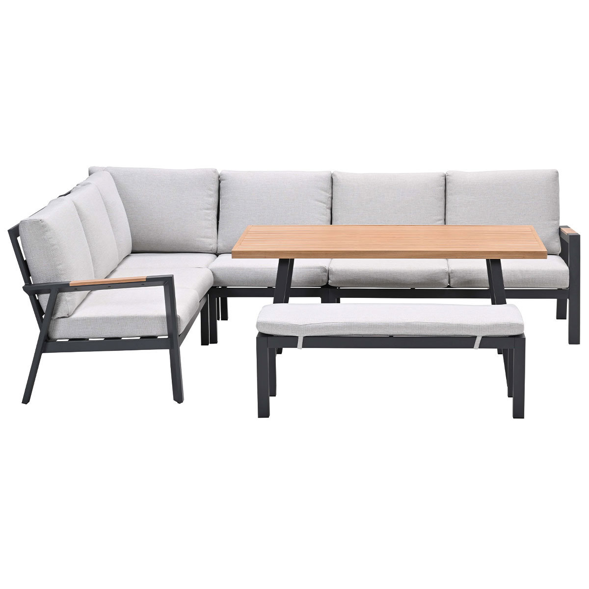 Ensemble d'angle extérieur avec coussins gris clair, table en bois et banc. Cadres noirs.