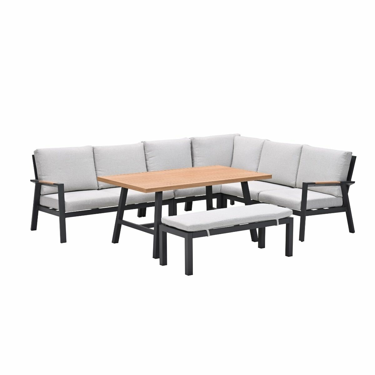 Buiten hoekbankstel met tafel en bank, allemaal met houten frame en grijze kussens.