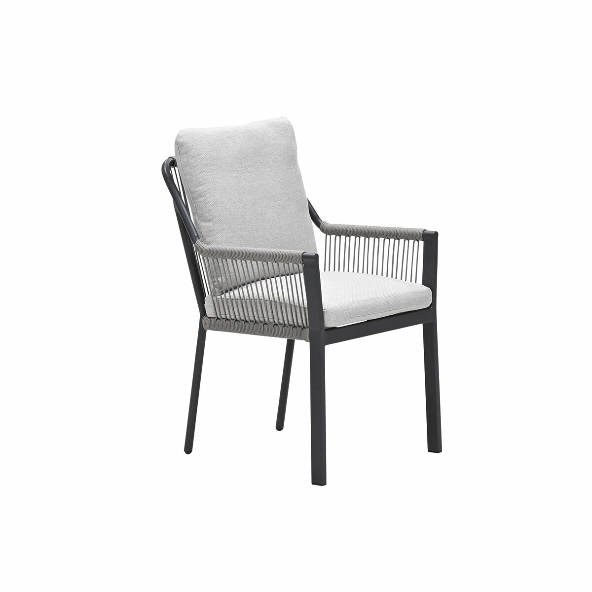 Gray outdoor armchair with light gray cushion and rope detail on the backrest.