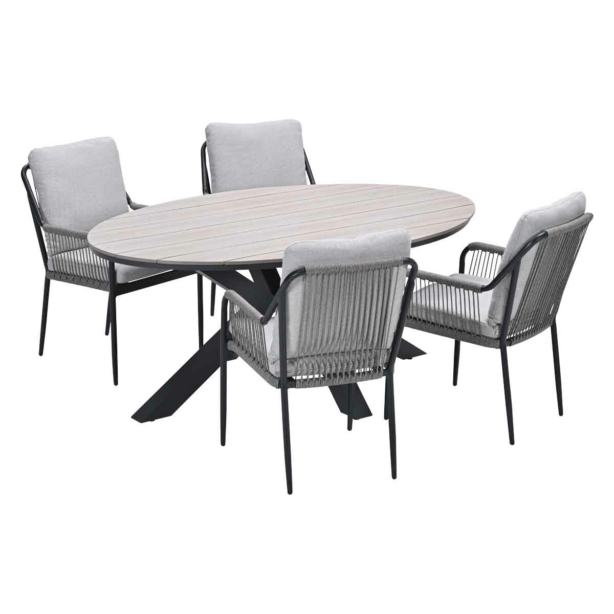 Outdoor dining set with oval wooden table and four chairs. Gray cushions and black frames, white background.