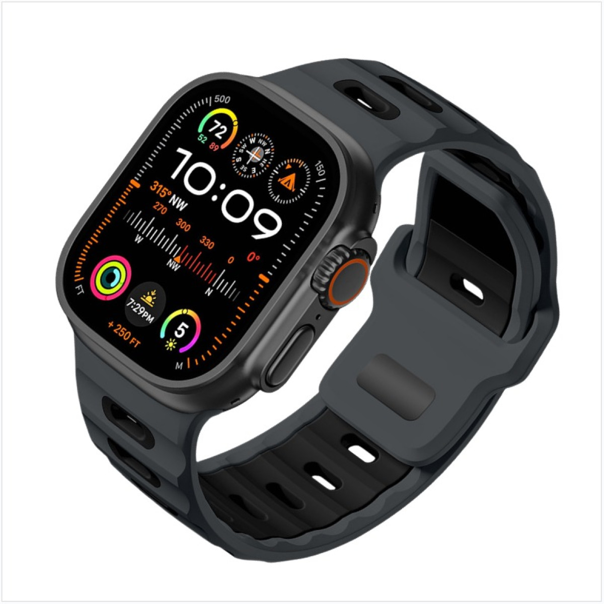 Schwarze Smartwatch mit dunkelgrauem Armband, zeigt Zeit, Kompass und Gesundheitsmetriken, schräge Ansicht.