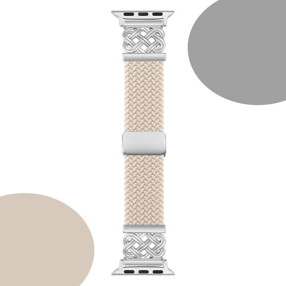 Beiges gewebtes Apple Watch-Armband mit silbernen Steckern und Verschluss, mit grauen und beigen Kreisen im Hintergrund.