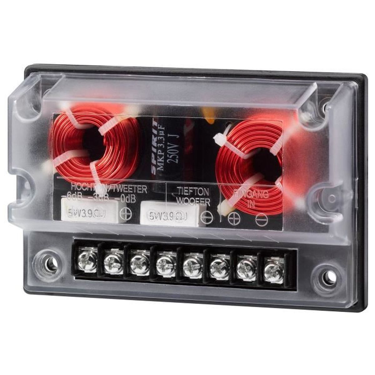 Ein rechteckiger elektrischer Bauteil. Es hat zwei rote Spulen und mehrere Anschlüsse. Es ist in einem durchsichtigen Gehäuse.