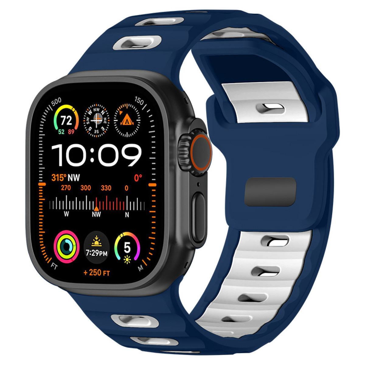 Uno smartwatch con cassa blu scuro e cinturino blu e bianco, che mostra l'ora e altri dati. Sfondo bianco.