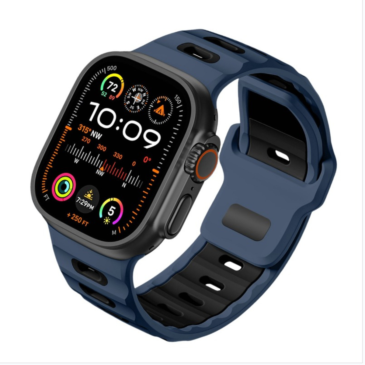 Smartwatch nero con cinturino blu scuro, mostra ora, bussola e metriche di salute, vista angolata.