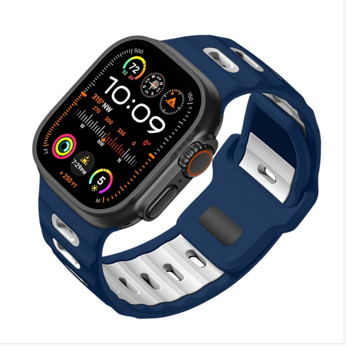 Uno smartwatch con cassa blu scuro e cinturino blu e bianco, che mostra l'ora e altri dati. Sfondo bianco.