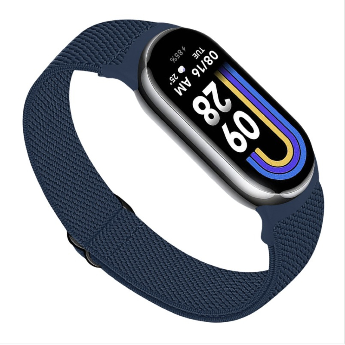 Eine Smartwatch mit blauem Stoffarmband, die Datum und Uhrzeit anzeigt. Weißer Hintergrund.