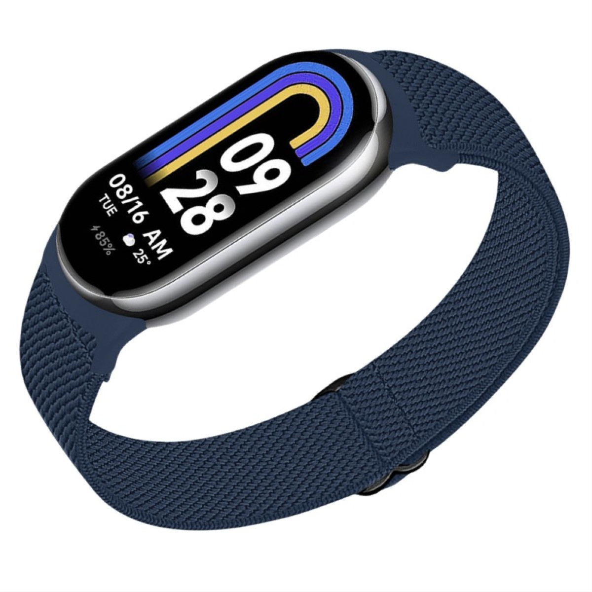 Eine Smartwatch mit blauem Stoffband, die Datum und Uhrzeit anzeigt. Weißer Hintergrund.