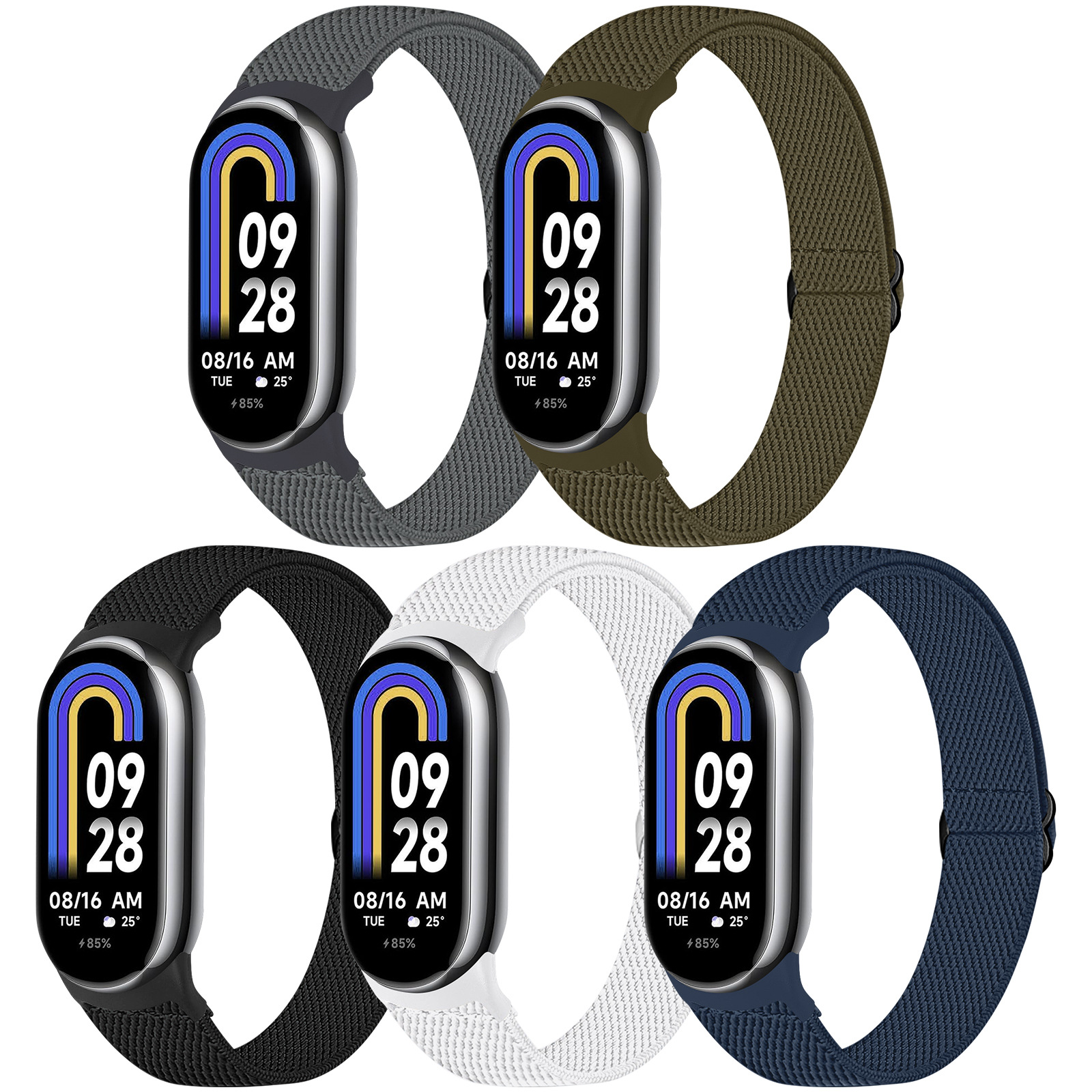 Fünf Smartwatches mit unterschiedlich farbigen Armbändern: grau, olivgrün, schwarz, weiß und marineblau, alle zeigen dieselbe Zeit.