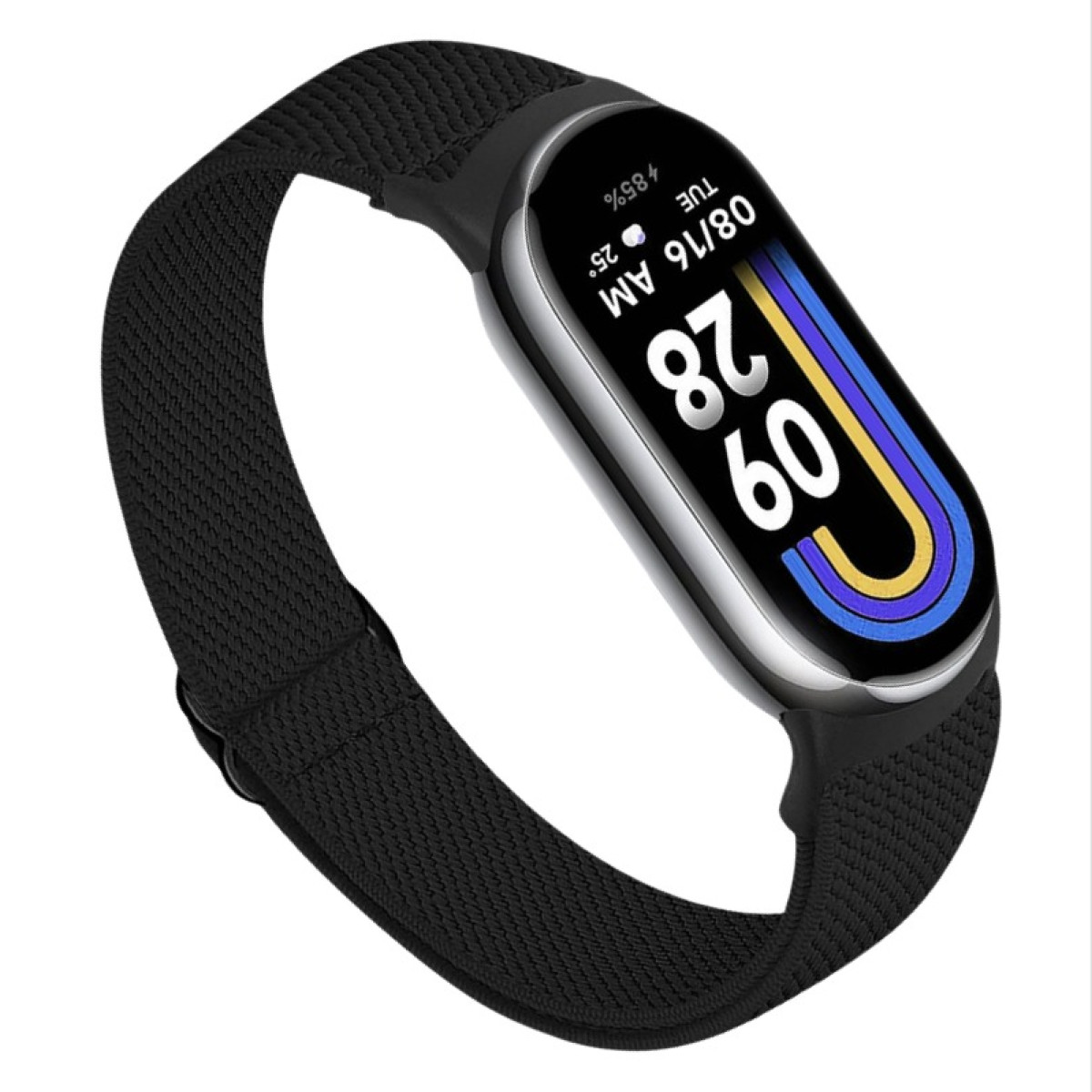Smart band nero con cinturino nero. Il cinturino è su sfondo bianco. Lo schermo mostra ora e statistiche.